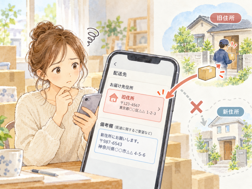 引っ越し後、配達指示の備考欄に新住所を入力しても、注文の届け先は旧住所のままであることを説明する水彩風イラスト。スマートフォンを見て困る女性と、旧住所へ荷物を届ける配達員が描かれている。