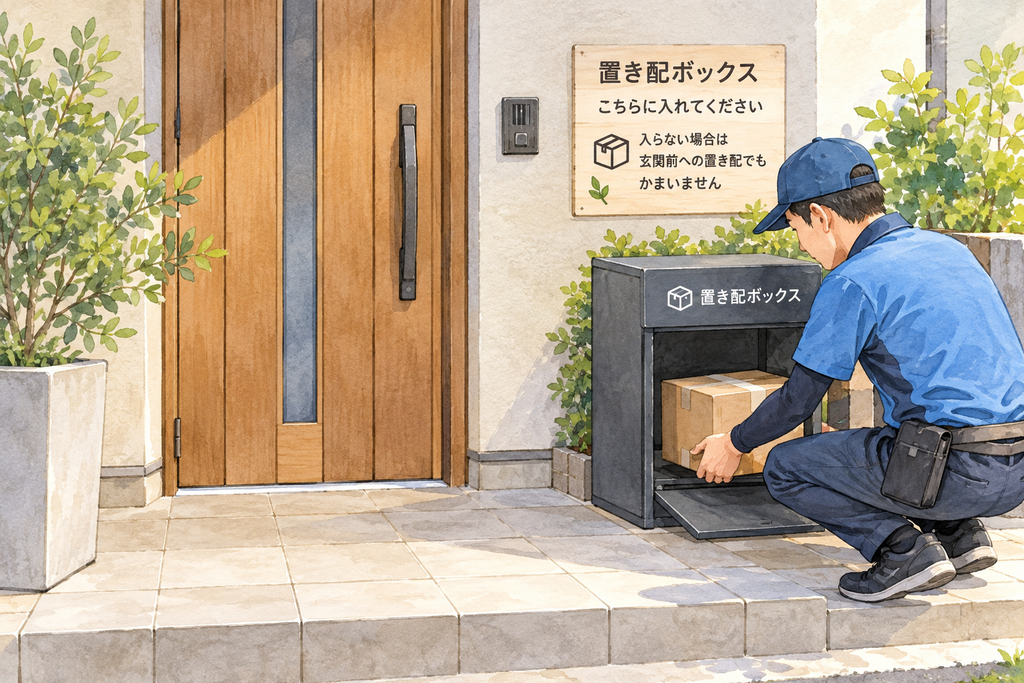 玄関前に設置された「置き配ボックス」に荷物を入れる配達員を描いた水彩イラスト。玄関横には、ボックスに入らない場合は玄関前への置き配でもよいことを伝える案内が掲示されている。