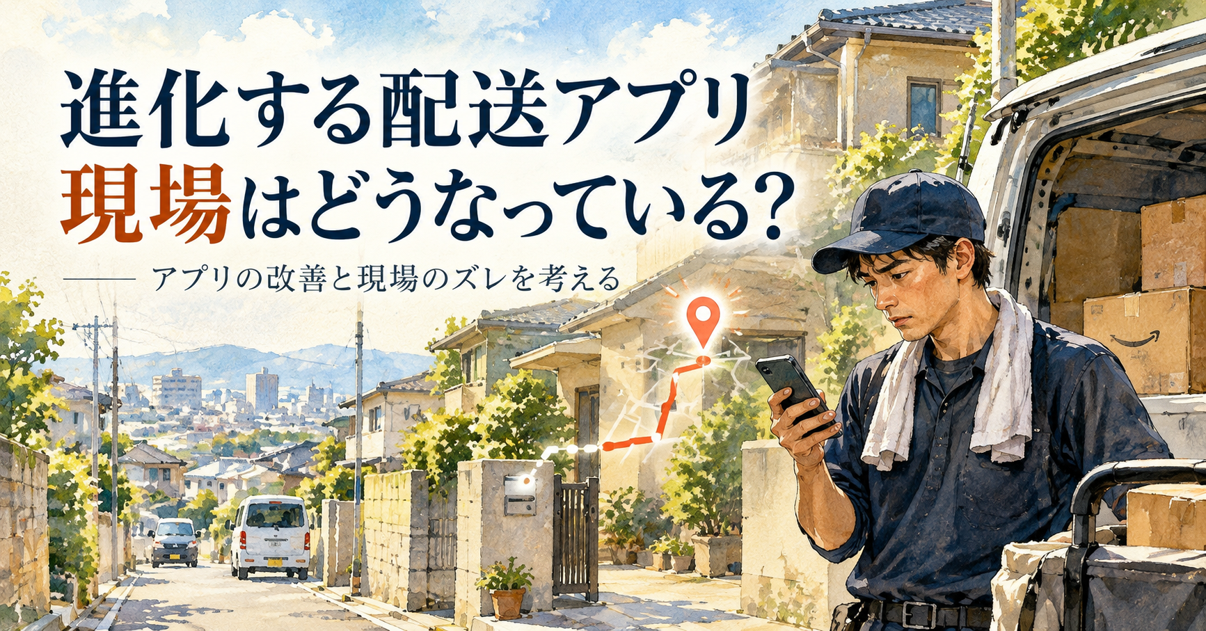 住宅街でスマートフォンを確認する宅配ドライバーと配送車を描いた水彩イラスト。配送アプリの進化と、実際の配達現場で生じる位置情報やシステムのズレを表現している。