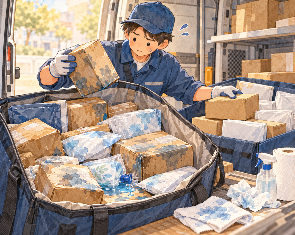 配送車内で液体商品が漏れ、配送バッグの中の段ボールや封筒まで汚損した様子を描いた水彩イラスト。配達員が液漏れで汚れた荷物と無事な荷物を仕分け、周囲の荷物にも被害が広がる現場の負担を表現している。