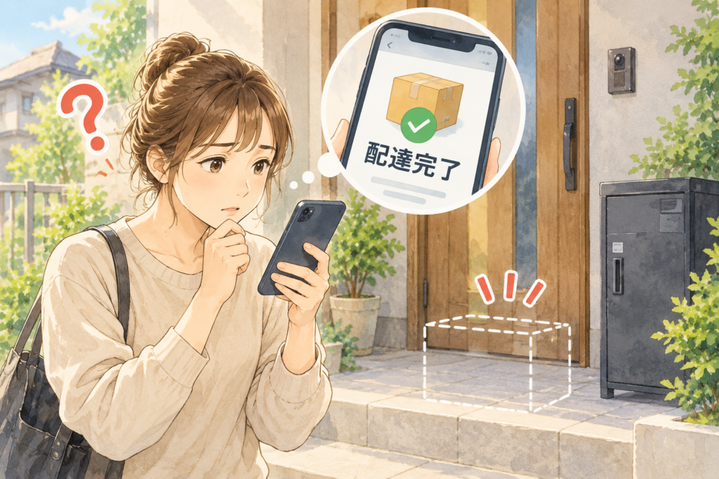 自宅の玄関前で、スマートフォンに「配達完了」と表示されているのに荷物が見つからず、困っている女性の水彩風イラスト。玄関横には宅配ボックスが置かれている。
