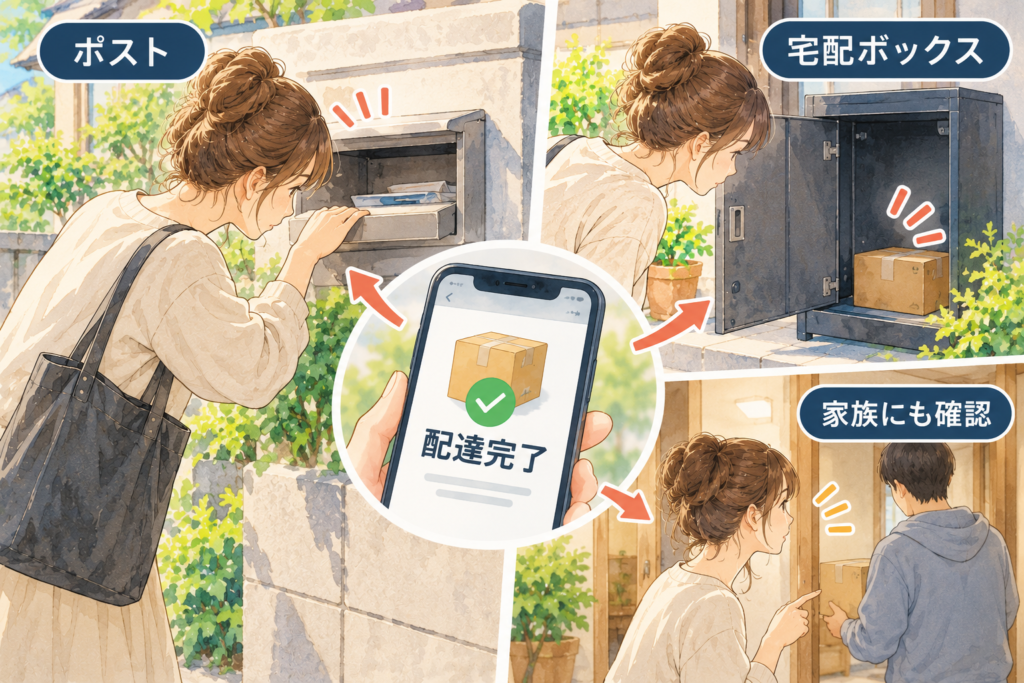 配達完了になっている荷物を探す女性が、ポストや宅配ボックスを確認し、家族にも荷物を受け取っていないか尋ねている様子を描いた水彩風イラスト。
